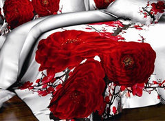 3D Red Blossoms Printed Cotton Luxury 4-Piece White Bedding Sets/Duvet Covers