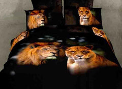 3D A Couple of Lions Printed Cotton Luxury 4-Piece Black Bedding Sets/Duvet Covers