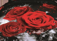 3D Red Roses Printed Cotton Luxury 4-Piece Black Bedding Sets/Duvet Covers