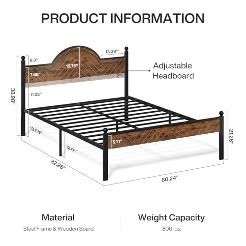 Bed Frame with Wooden Height-Adjustable Headboard and Footboard