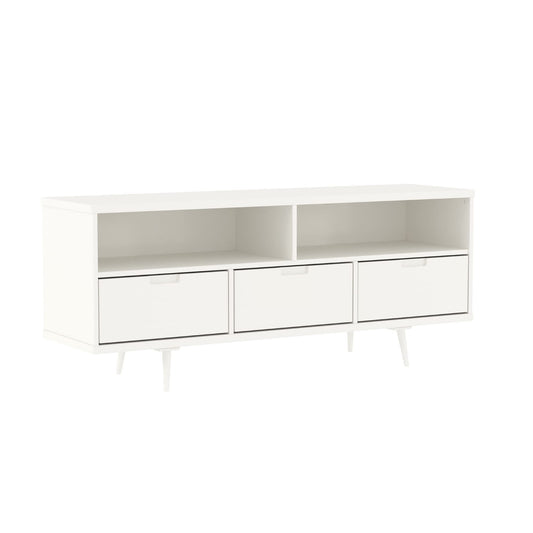 White - 65 IncheMid Century Modern 3 Drawer Solid Wood Low Stand TV