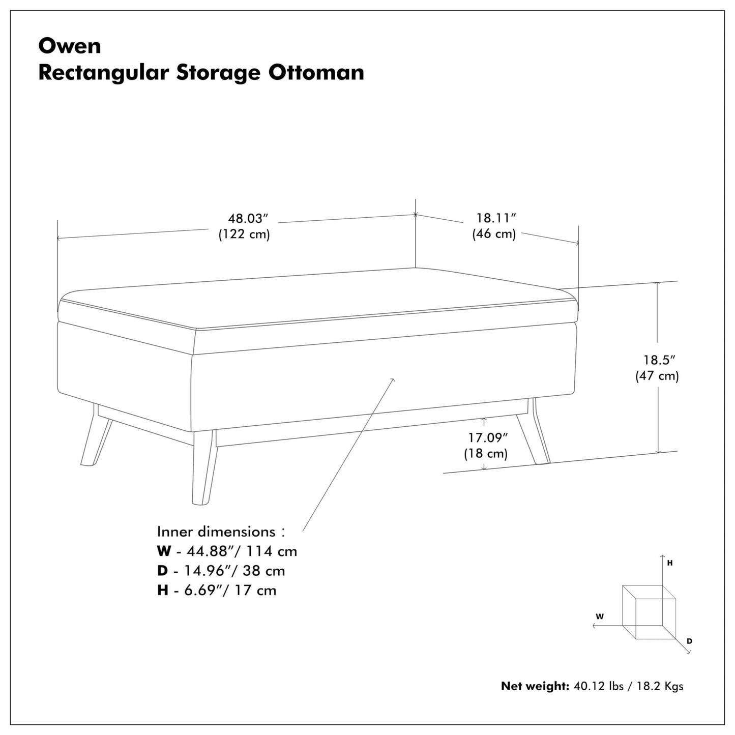 48 inch Wide Mid Century Rectangular Storage Ottoman