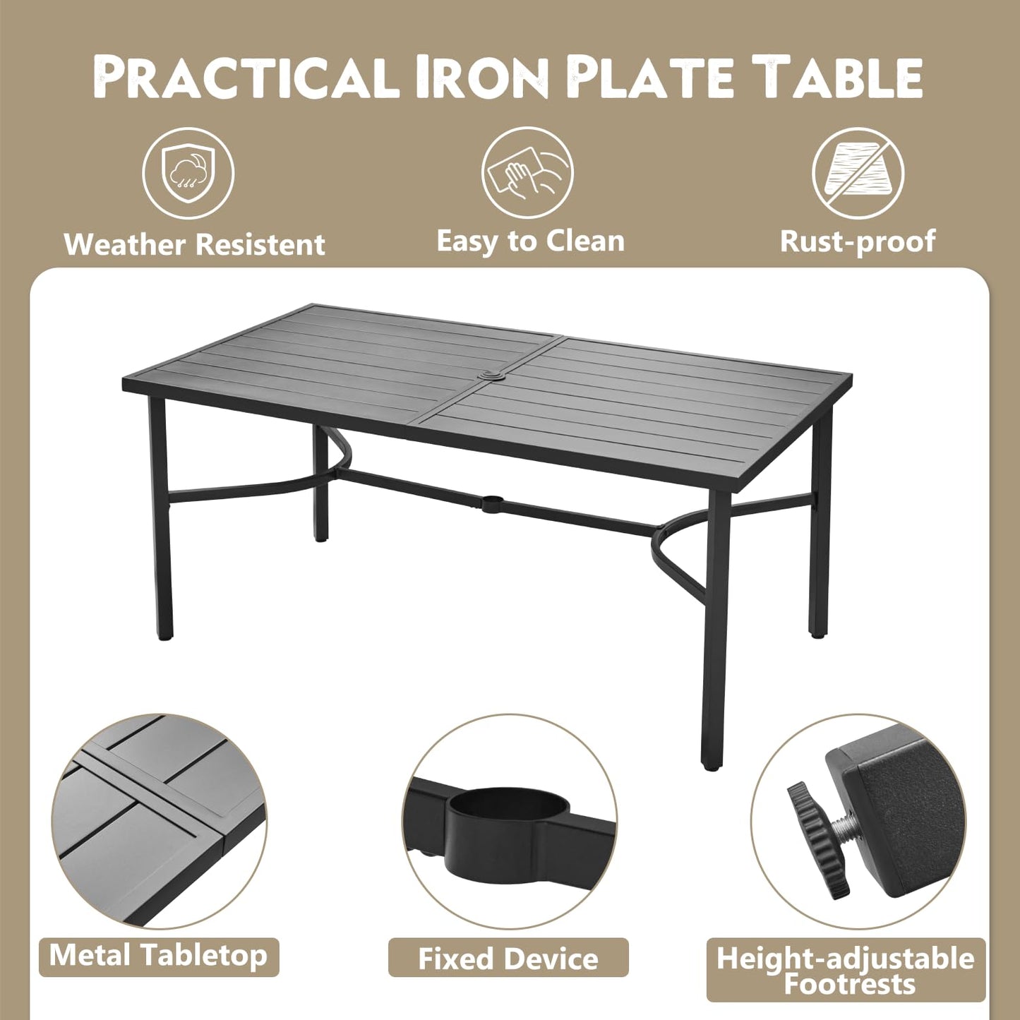 Practical iron plate table with features listed on a beige background