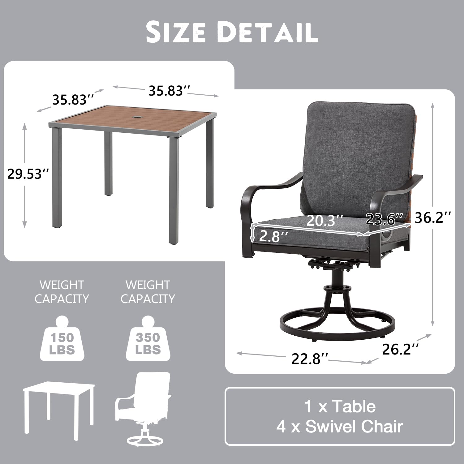 Size detail of a table and swivel chair with dimensions and weight capacity indicators.