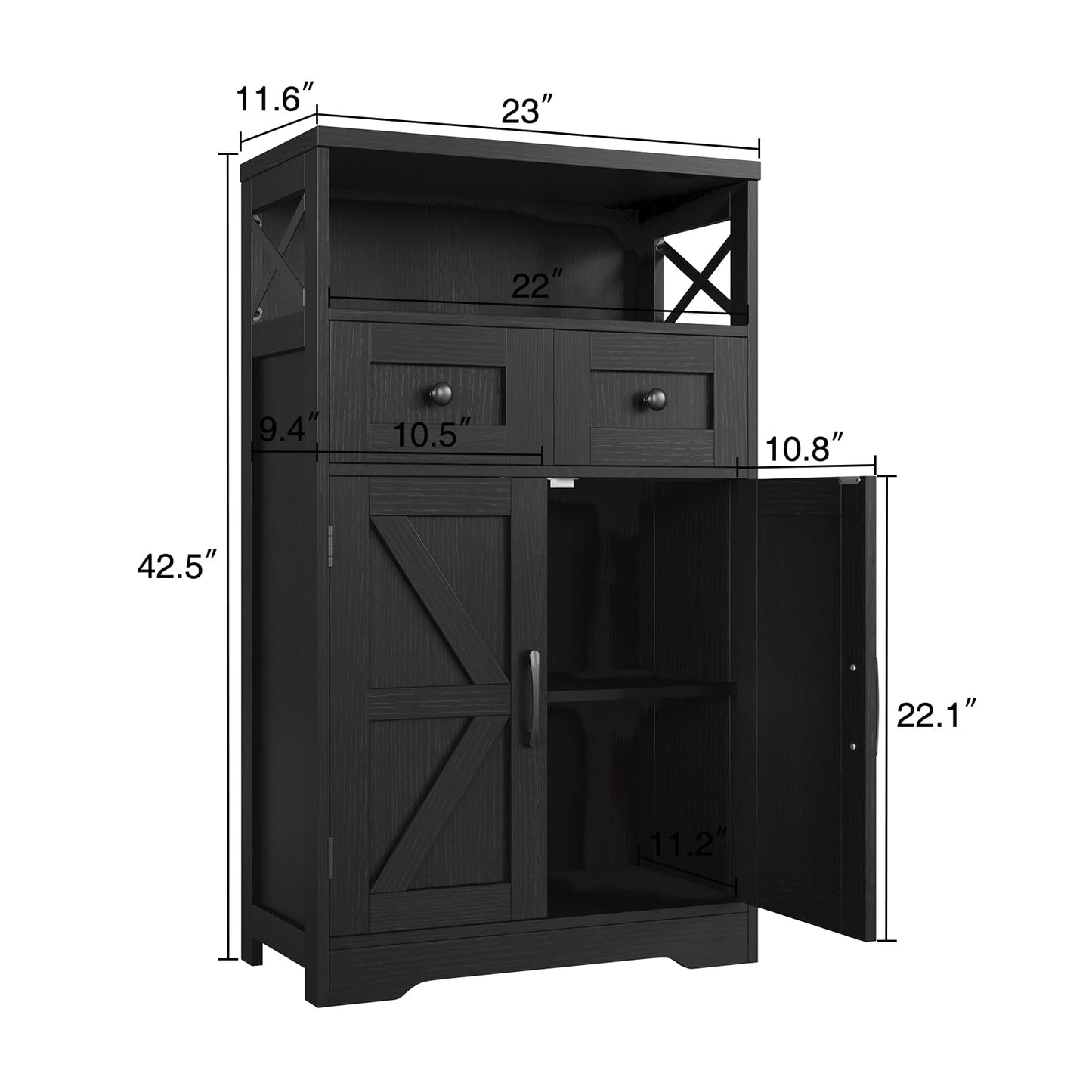 Black Storage Cabinet with Drawers and Shelves