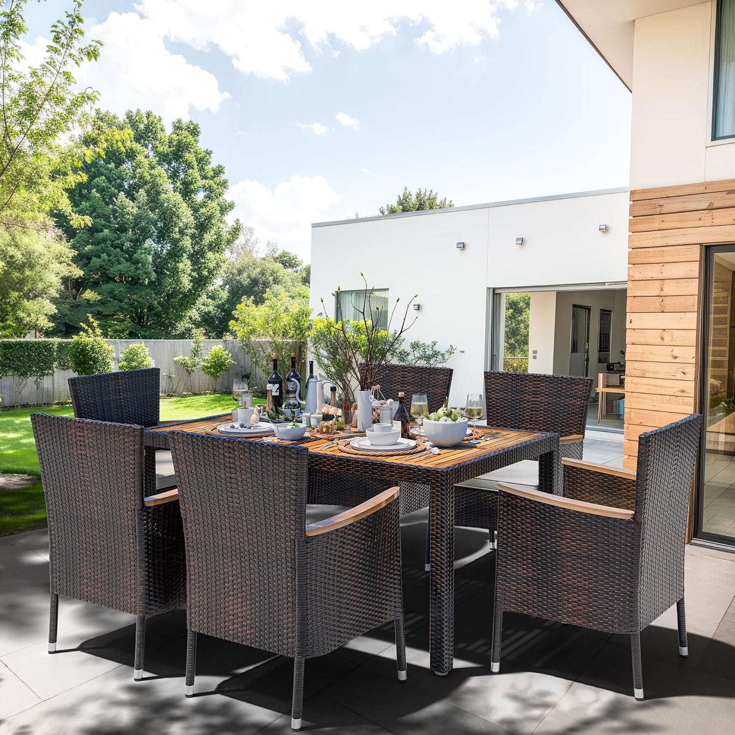 Wicker Patio Furniture Set with Wood Table Top