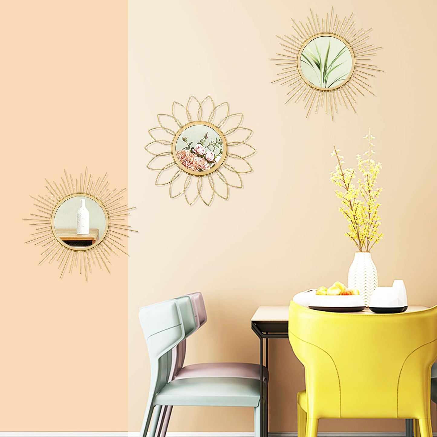 3 Pack Metal Sunburst Wall Mirrors for Home Décor