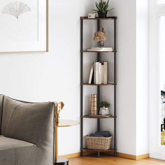 Rustic Brown 5 Tier Corner Shelf Rack