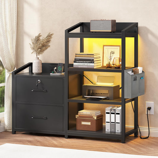 SEDETA 35.4” File Cabinet, Filing Cabinet fits Letter/A4 Size, 2 Drawe File Cabinets for Home Office with Power Strip, LED Lights, Lock, Open Shelf, Black