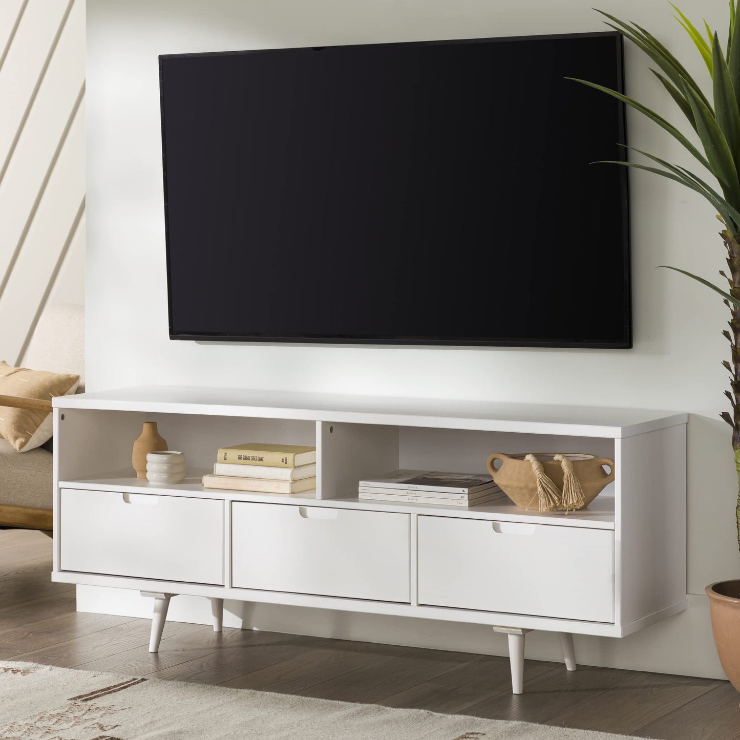 White - 65 IncheMid Century Modern 3 Drawer Solid Wood Low Stand TV
