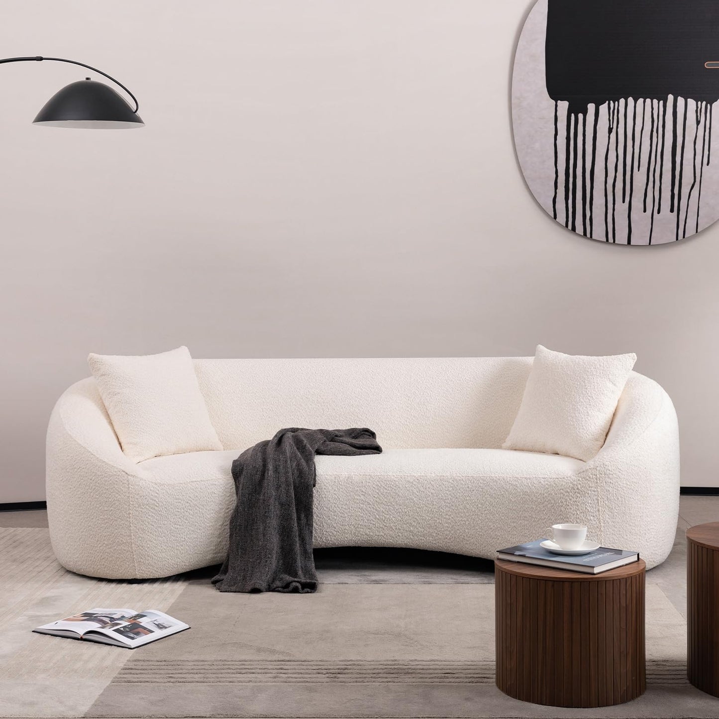Minimalist Curved 3 Seater Boucle Teddy Velvet Fabric Sofa