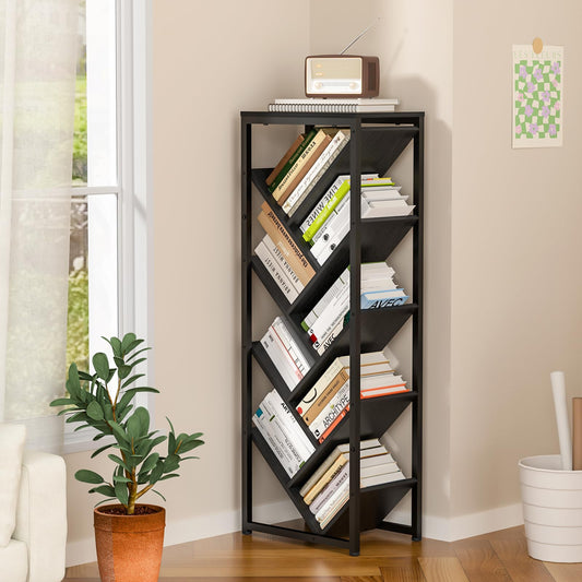 Black corner bookshelf filled with books in a room with a plant and window.