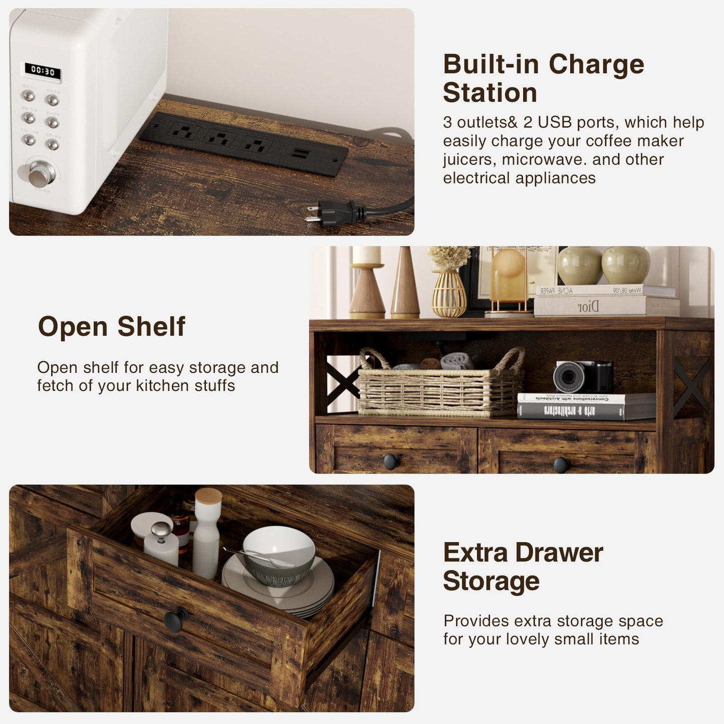 31.5" Rustic Brown Storage Cabinet with Doors and Drawers