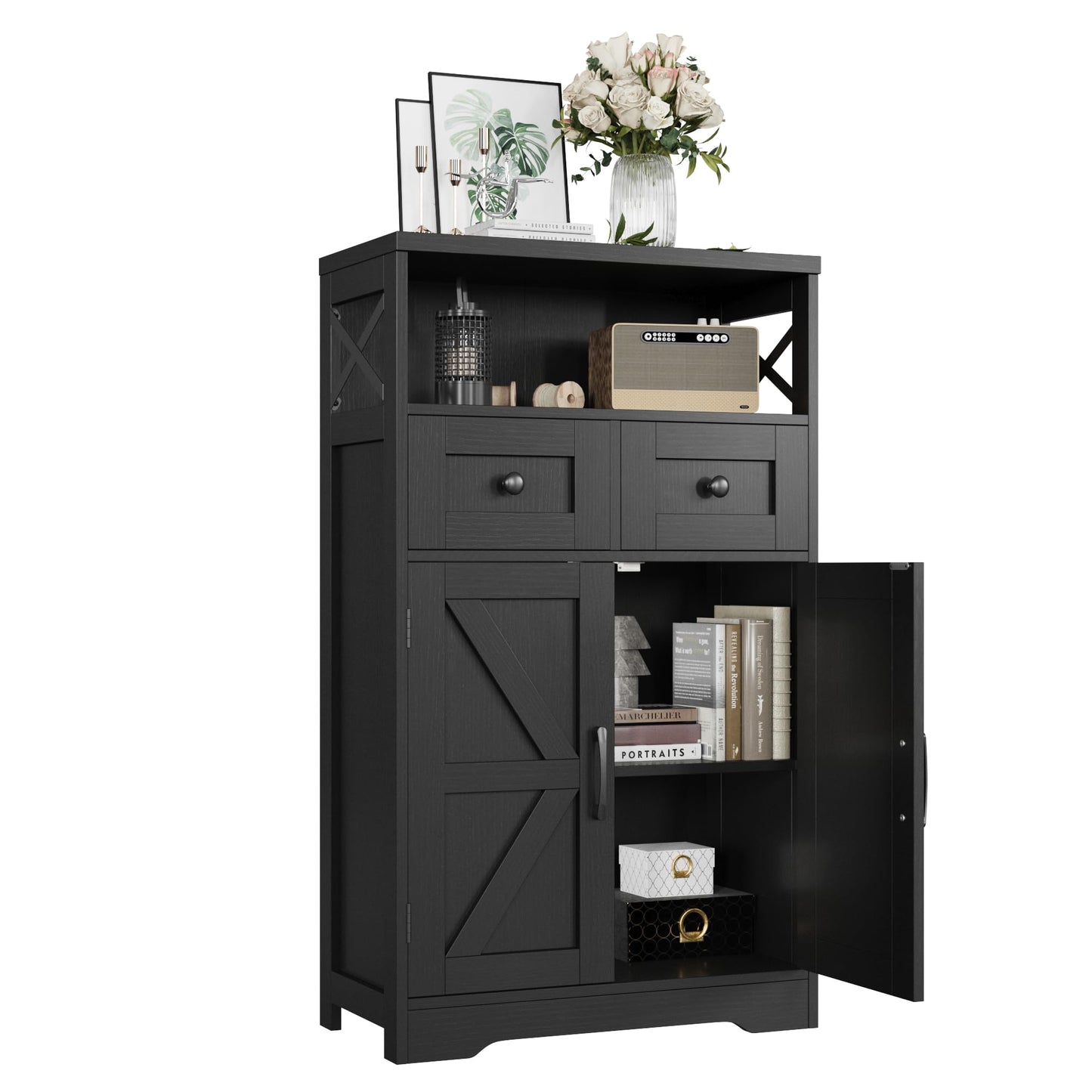 Black Storage Cabinet with Drawers and Shelves
