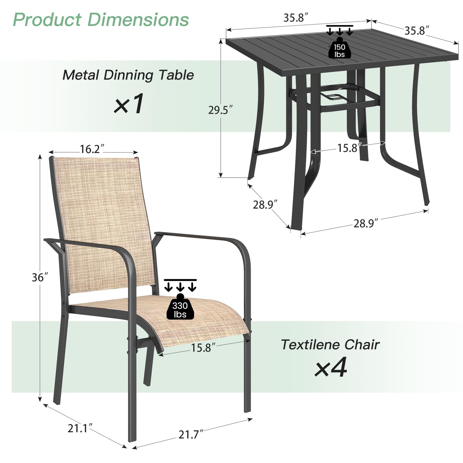 Product dimensions of a metal dining table and textilene chairs on a white background