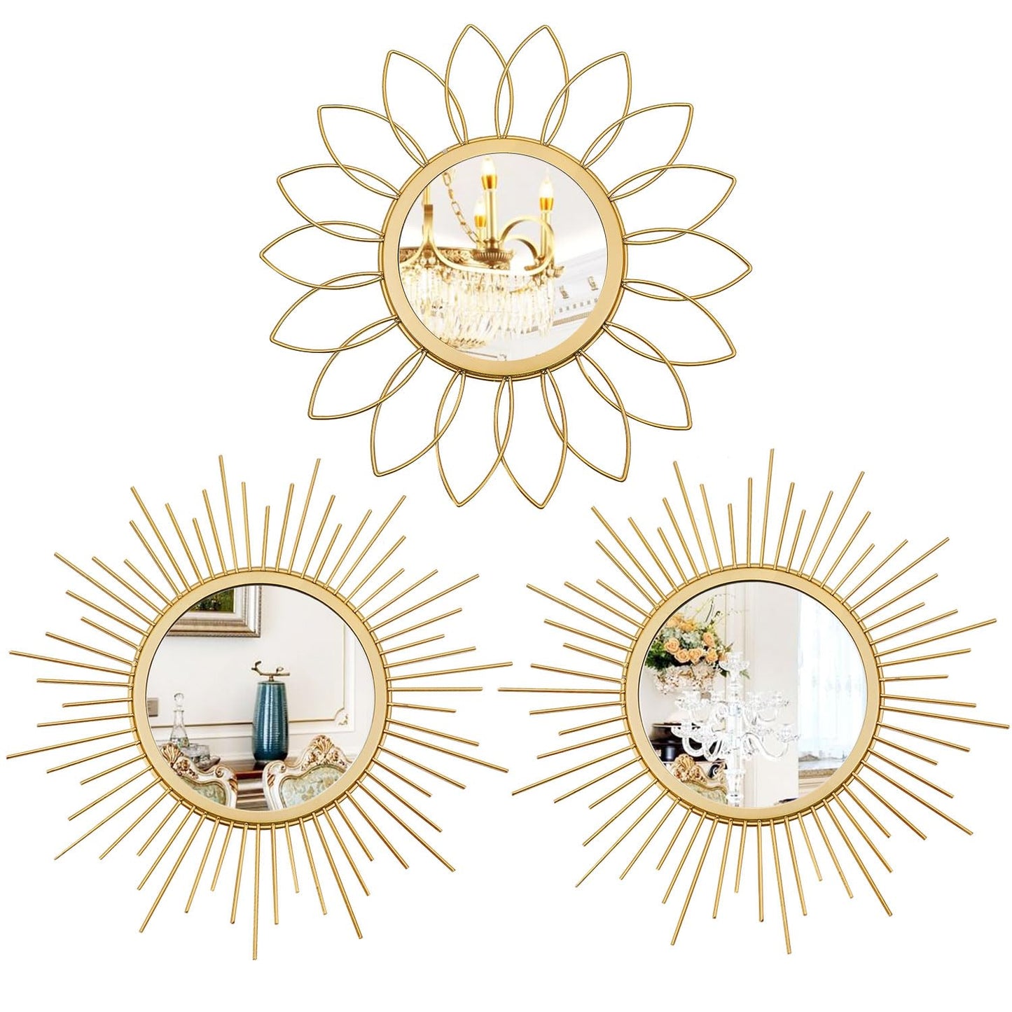 3 Pack Metal Sunburst Wall Mirrors for Home Décor