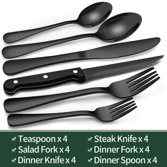 Black 24-Piece Black Silverware Set with Steak Knives