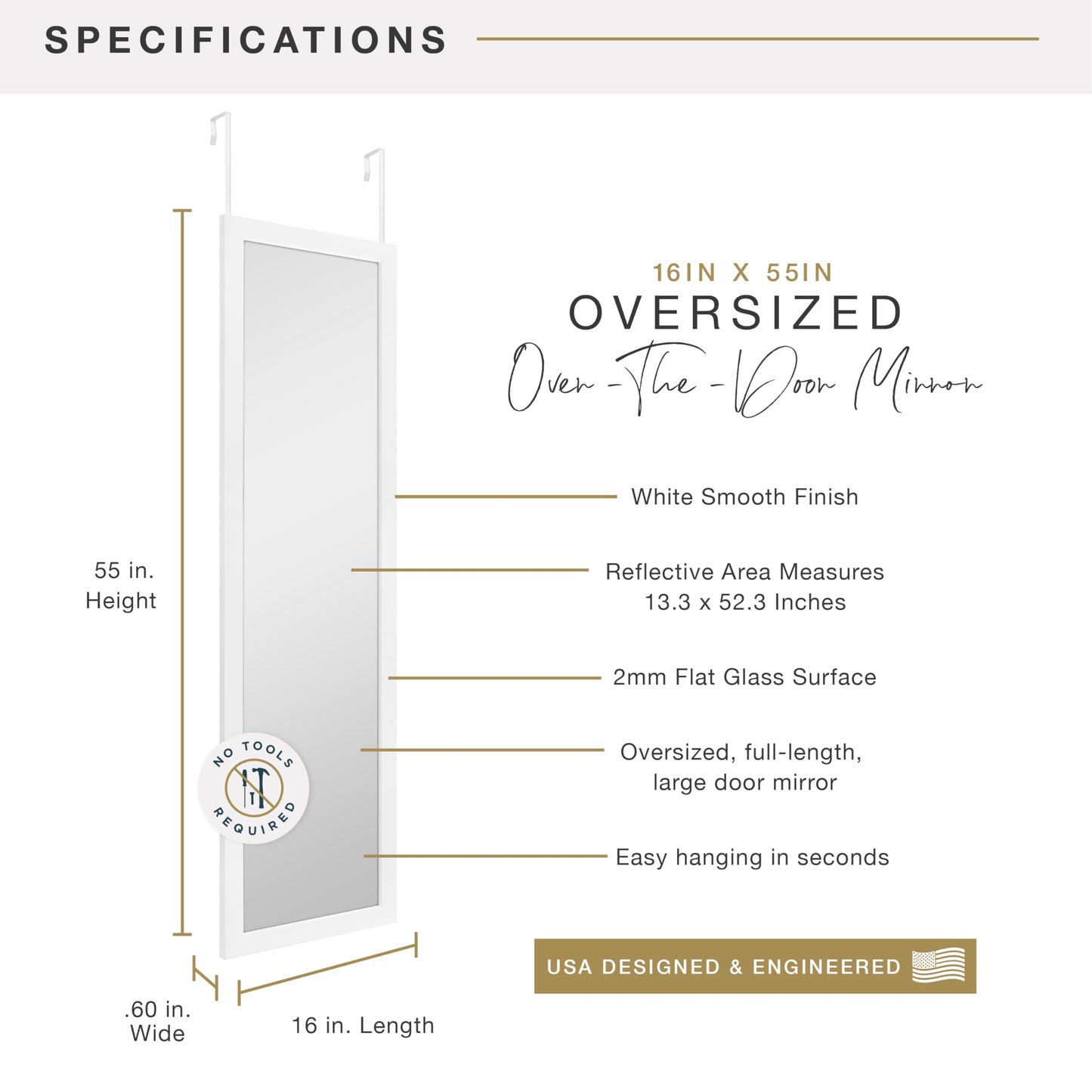 Over The Door Mirror, Full Length Hanging Mirror for Bedroom and Bathroom Doors