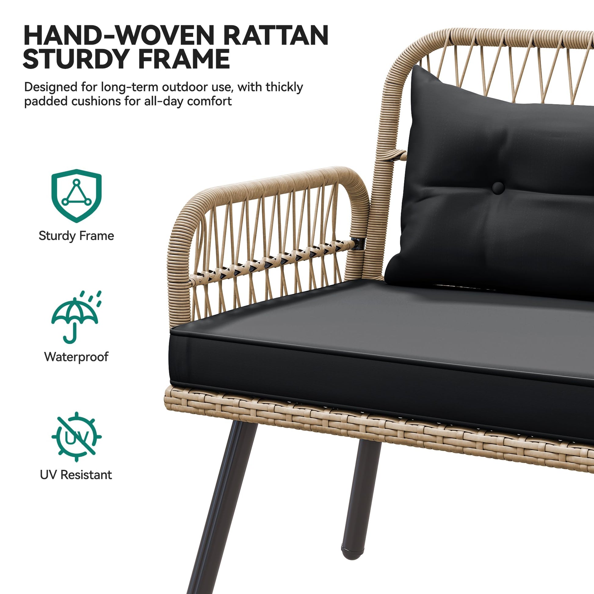 Hand-woven rattan outdoor sofa with black cushions and features listed on a white background.