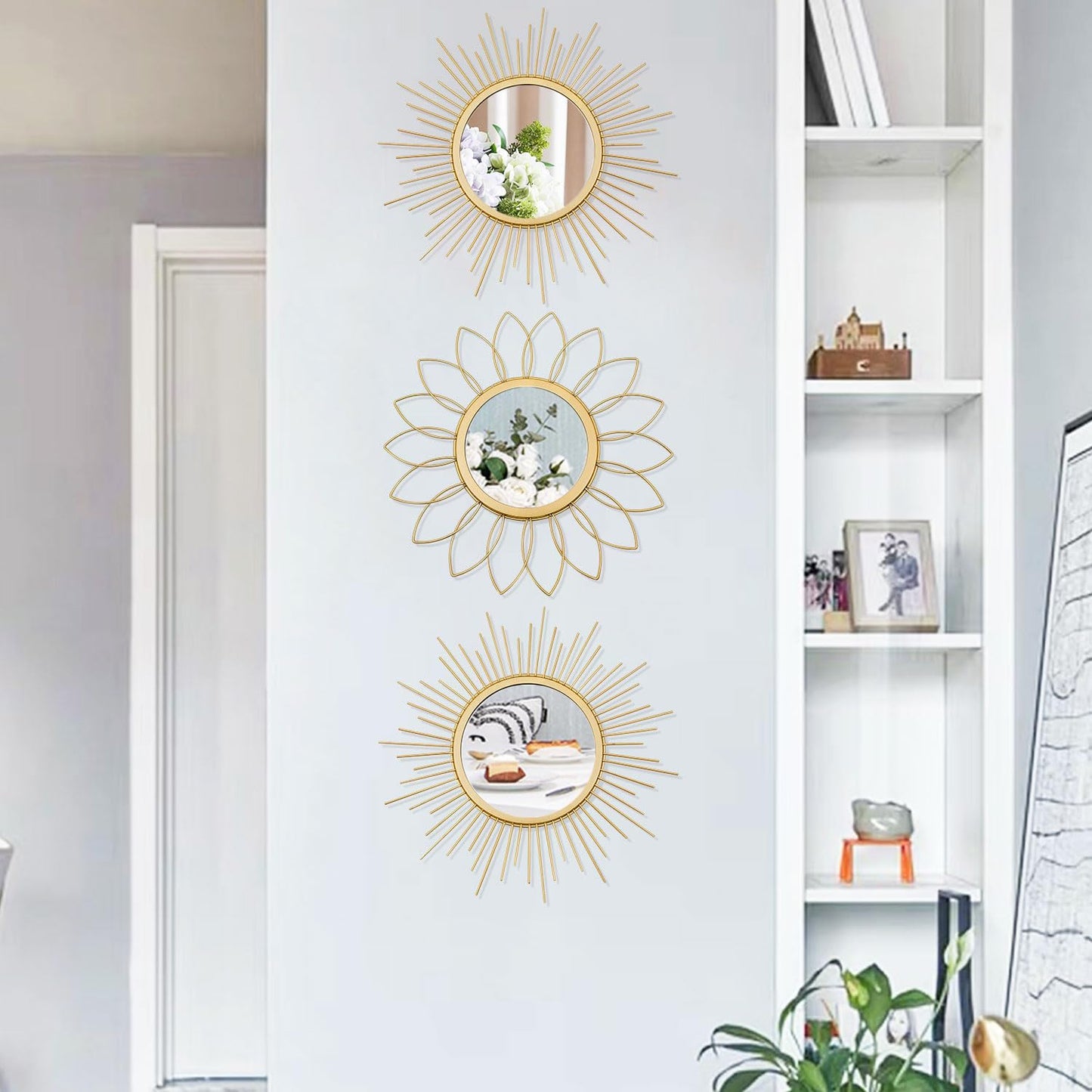 3 Pack Metal Sunburst Wall Mirrors for Home Décor