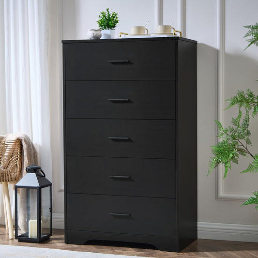 Black dresser with five drawers in a room setting with plants and a candle lantern.