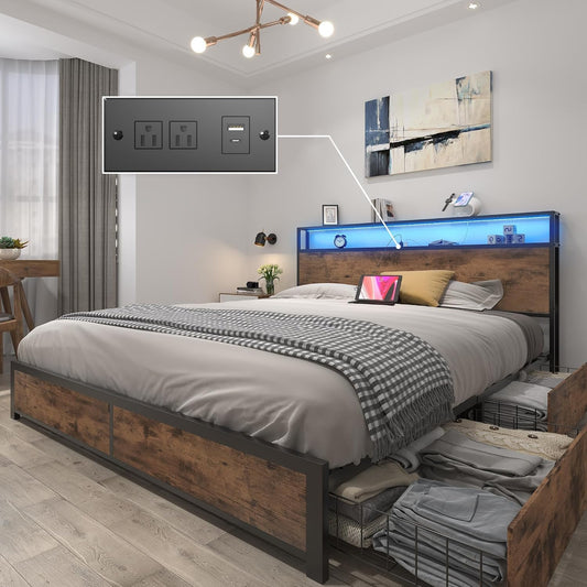 Bed Frame with 2-Tier Storage Headboard