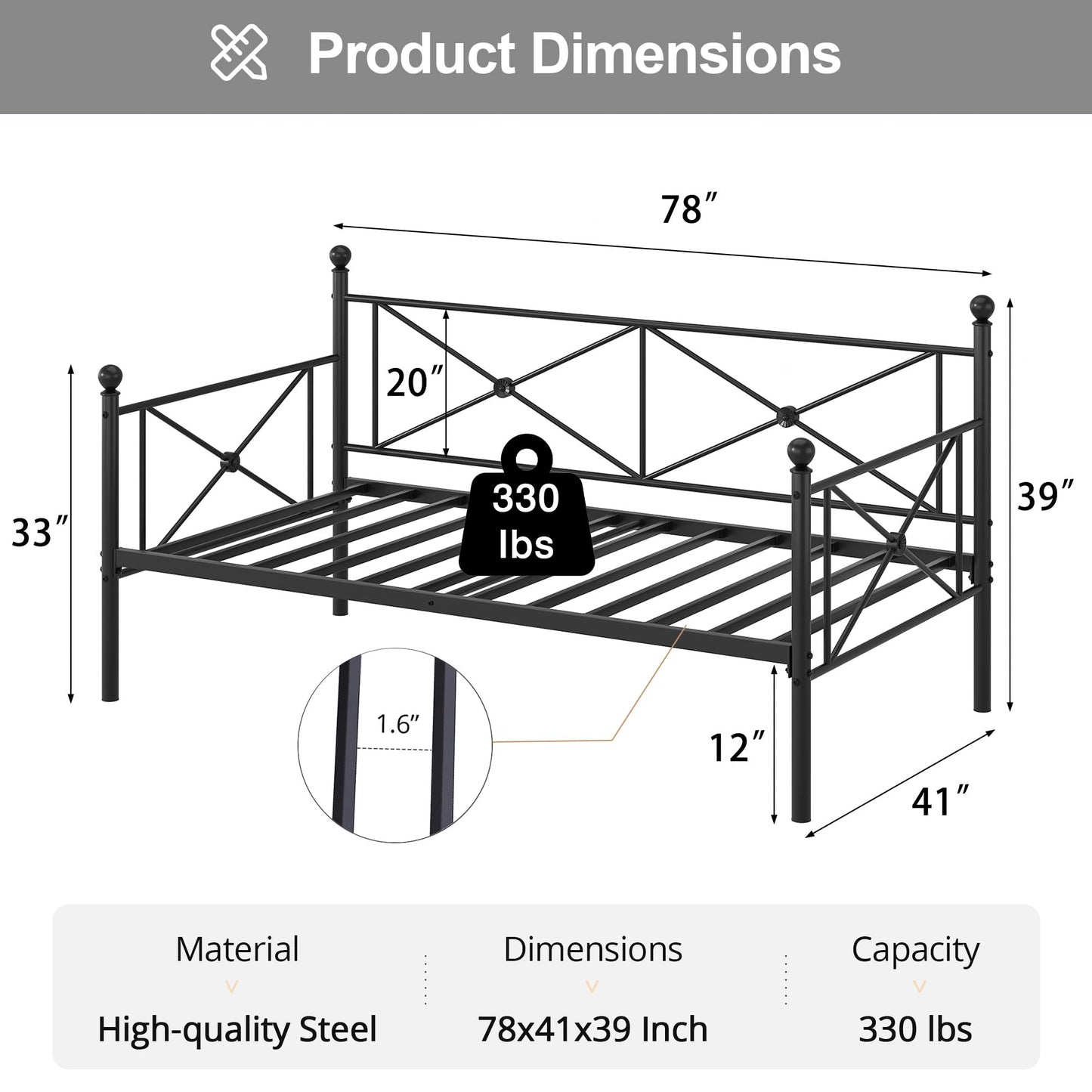 Metal Day Bed with Stylish Headboard