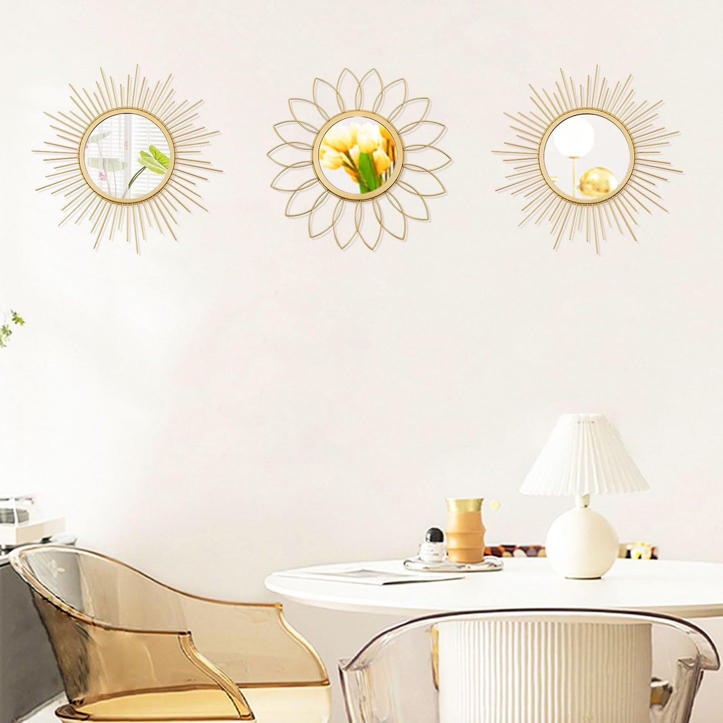 3 Pack Metal Sunburst Wall Mirrors for Home Décor