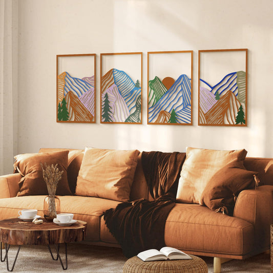 4 Pcs Colorful And Black Double-Sided Abstract Mountain Metal Wall Art