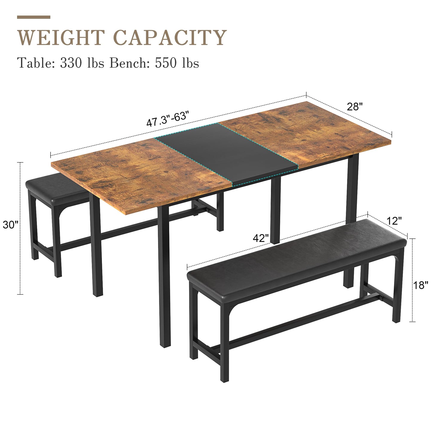 63" Extendable Kitchen Table with Benches/Chairs