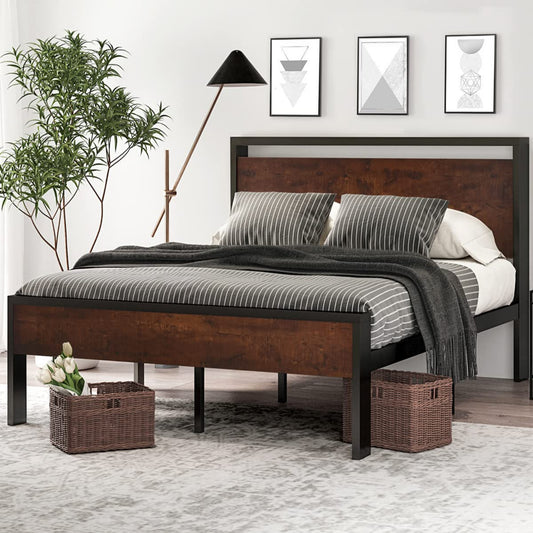 Metal Platform Bed Frame with Wooden Headboard and Footboard