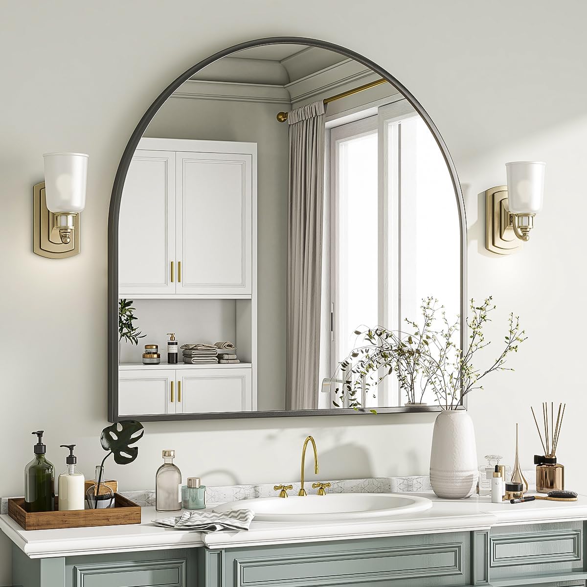 Modern Arch Bathroom Mirror, Wall Mounted Vanity Mirror with Arch Metal Frame