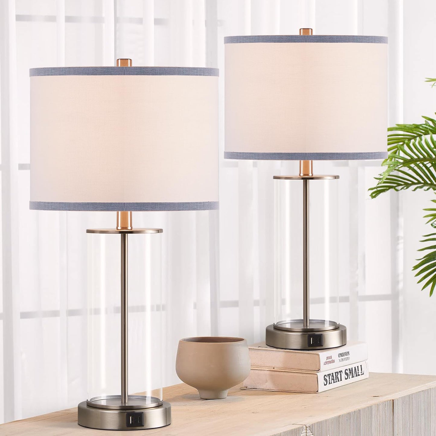 23" Touch Control USB Glass Table Lamp Set of 2