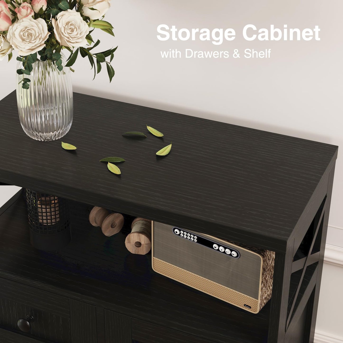 Black Storage Cabinet with Drawers and Shelves