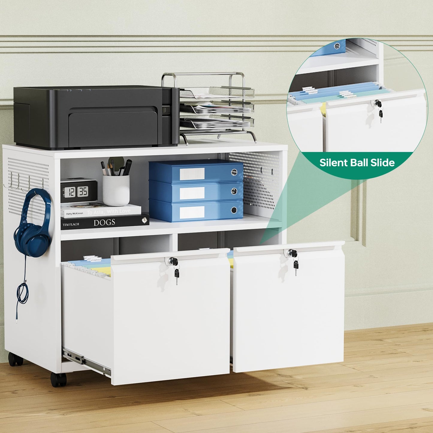 2 Drawer File Cabinet with Lock, Metal Lateral Printer Stand