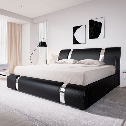 Faux Leather Upholstered Platform Bed with Adjustable Headboard