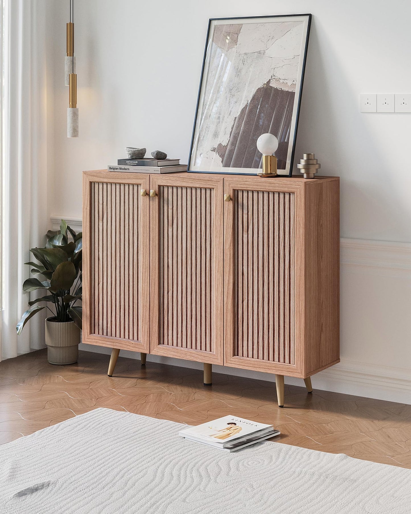Sideboard Buffet Cabinet with 3 Faux Slatted Pattern Doors