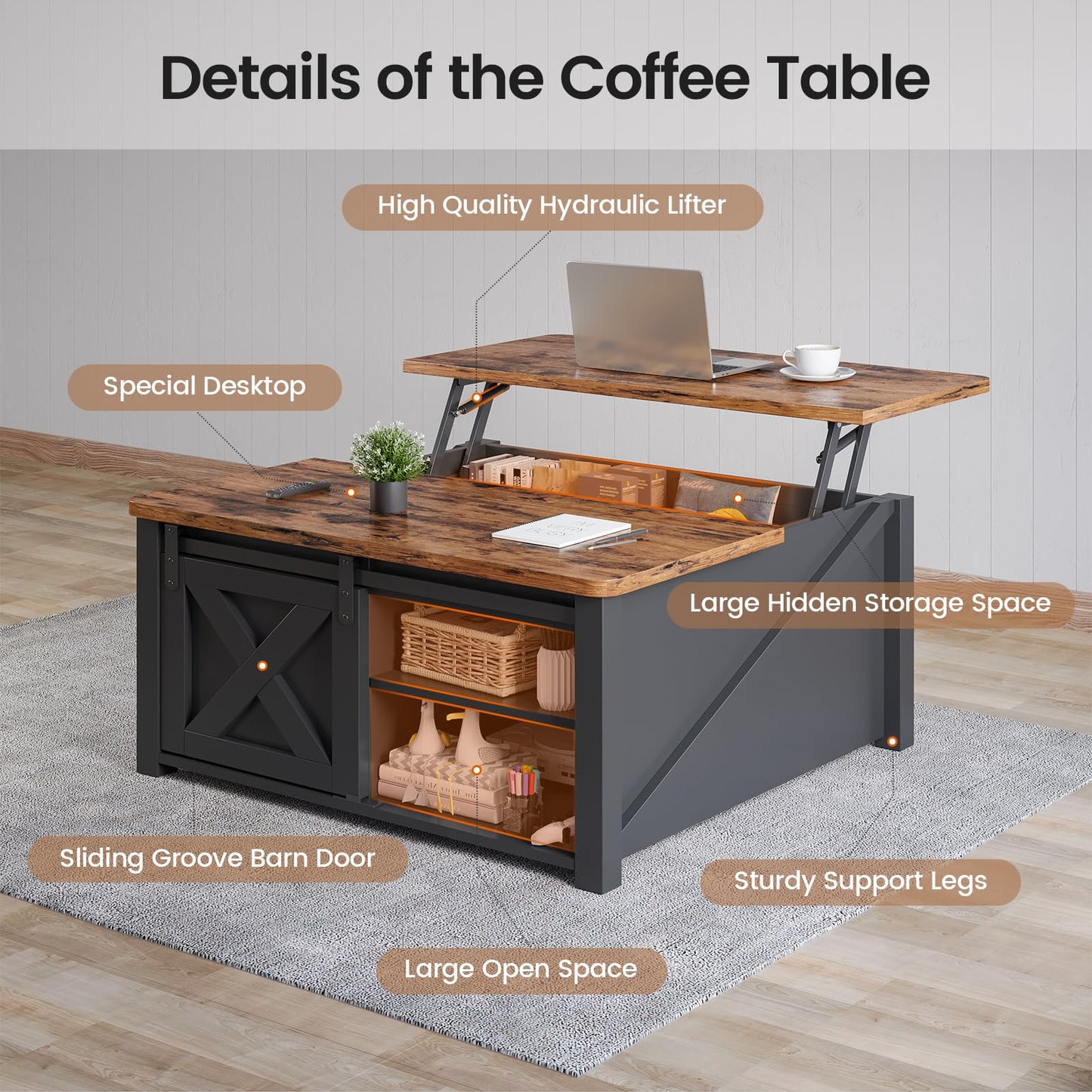 31.5" Lift Top Coffee Table for Living Room
