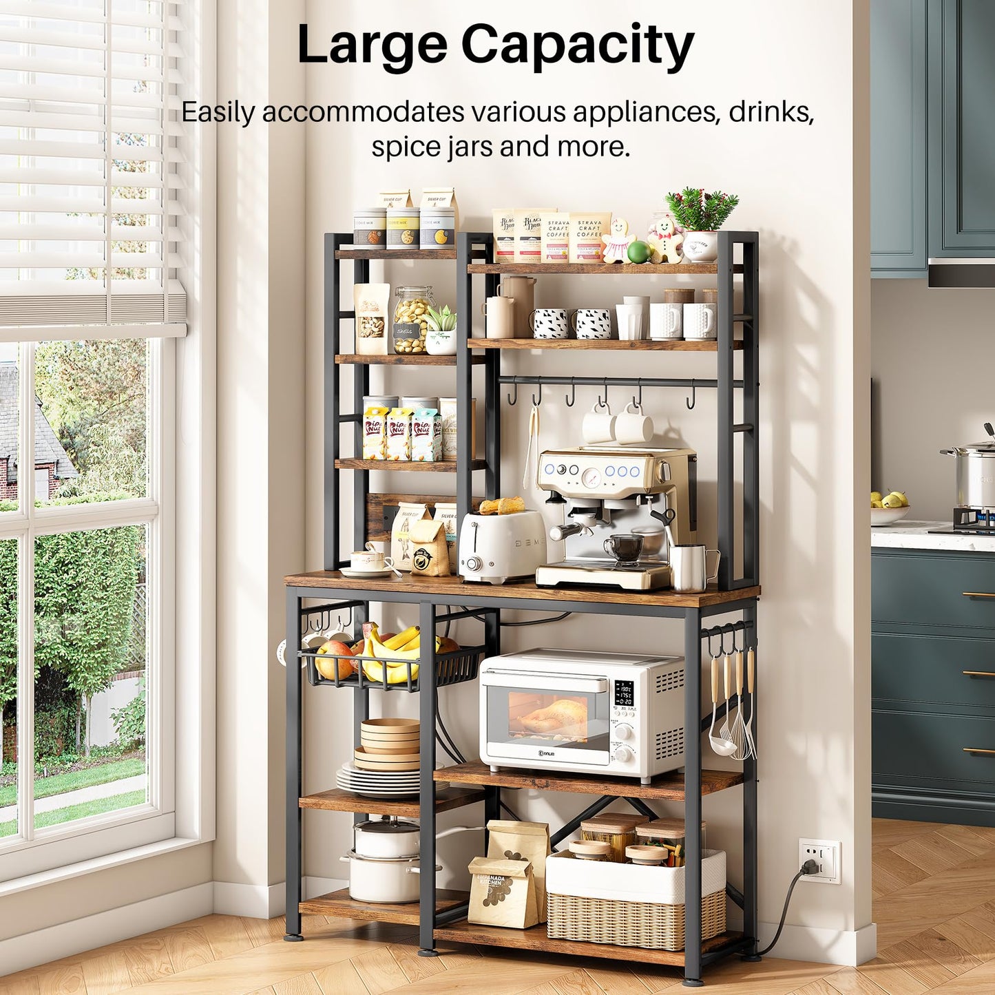 Rustic Brown Microwave Stand with Storage, Coffee Bar