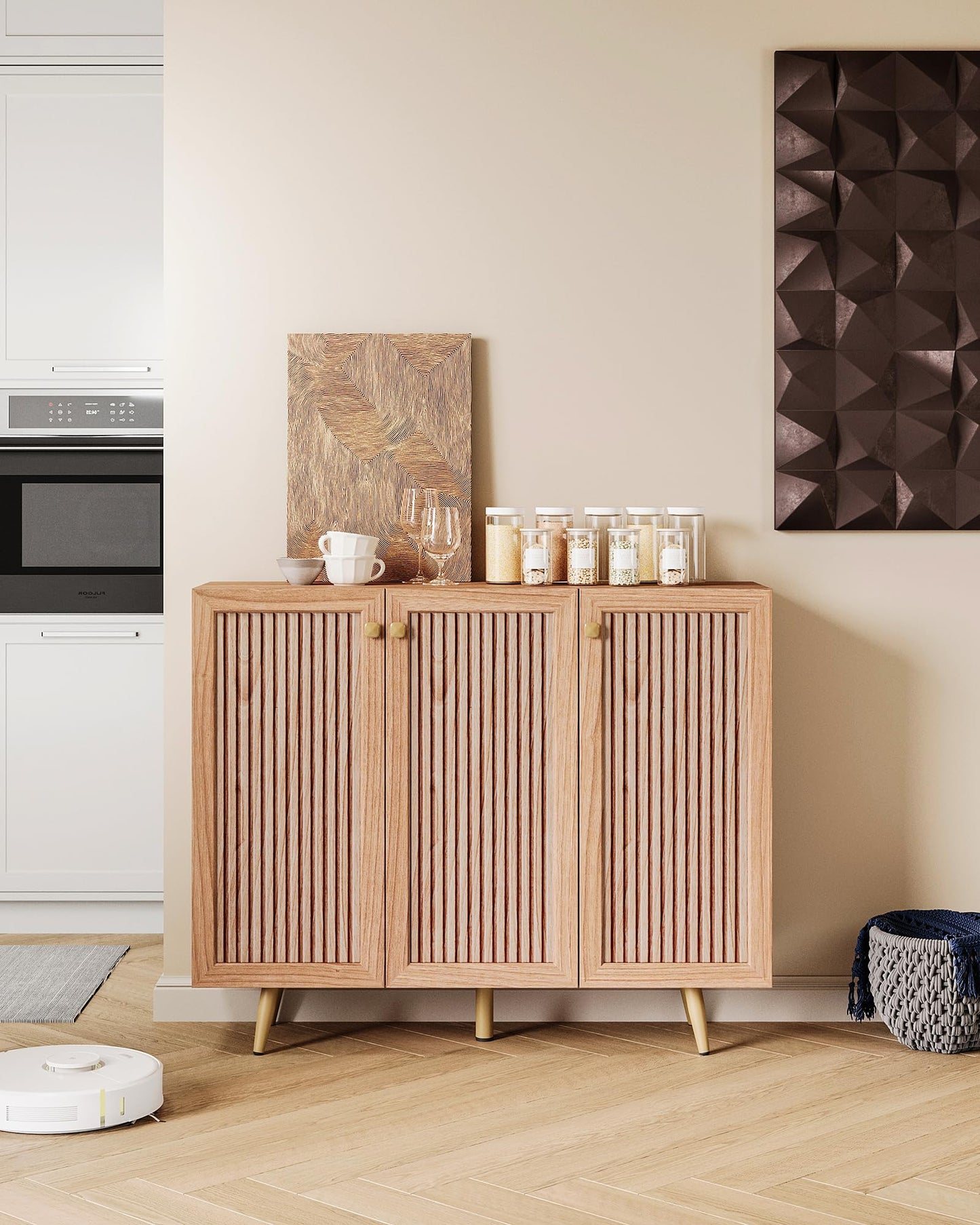 Sideboard Buffet Cabinet with 3 Faux Slatted Pattern Doors