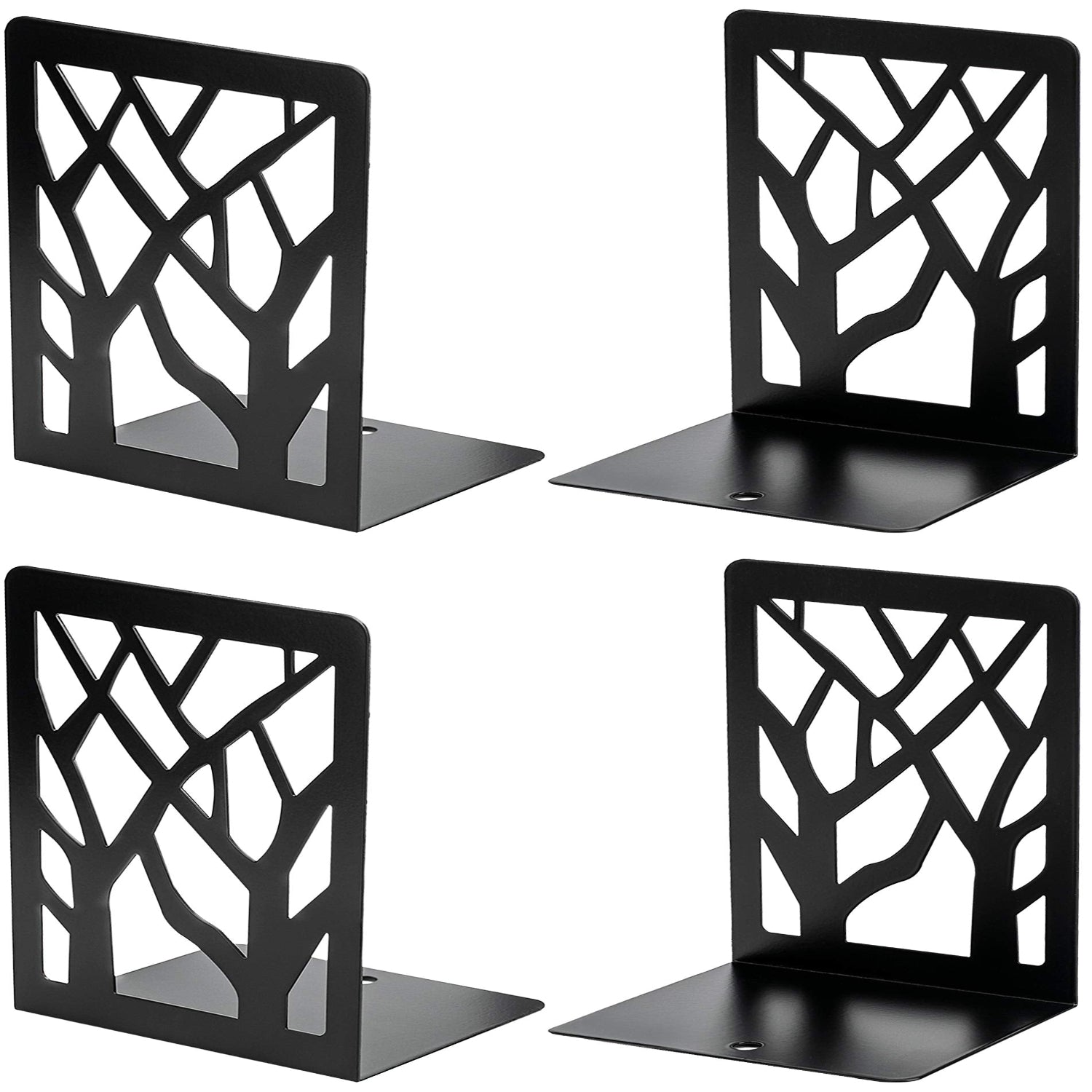 Four black tree-patterned bookends on a white background