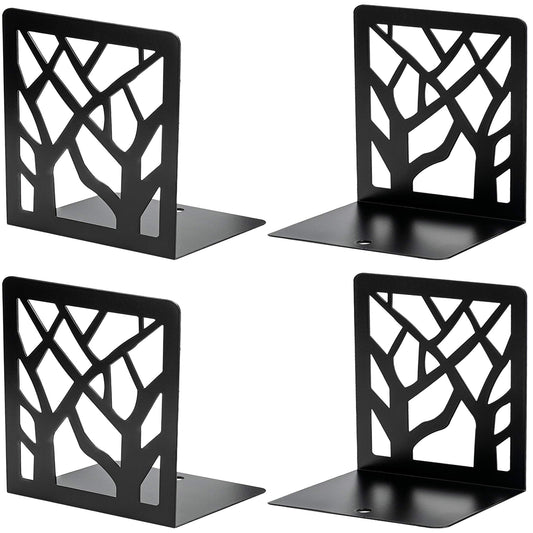 Four black tree-patterned bookends on a white background
