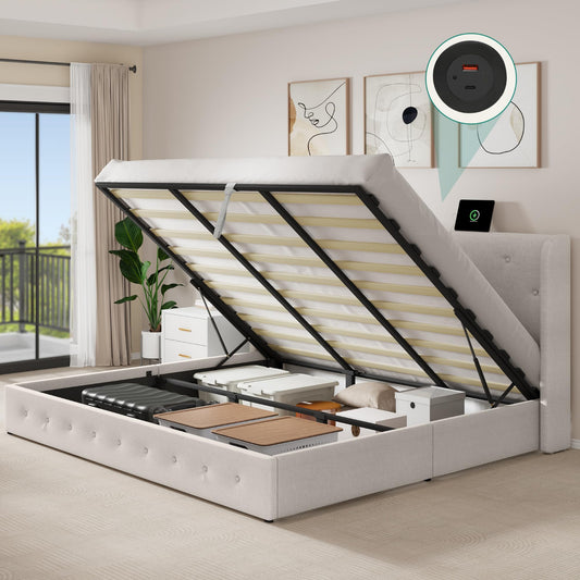 Lift Up Storage Bed Frame with Charging Station