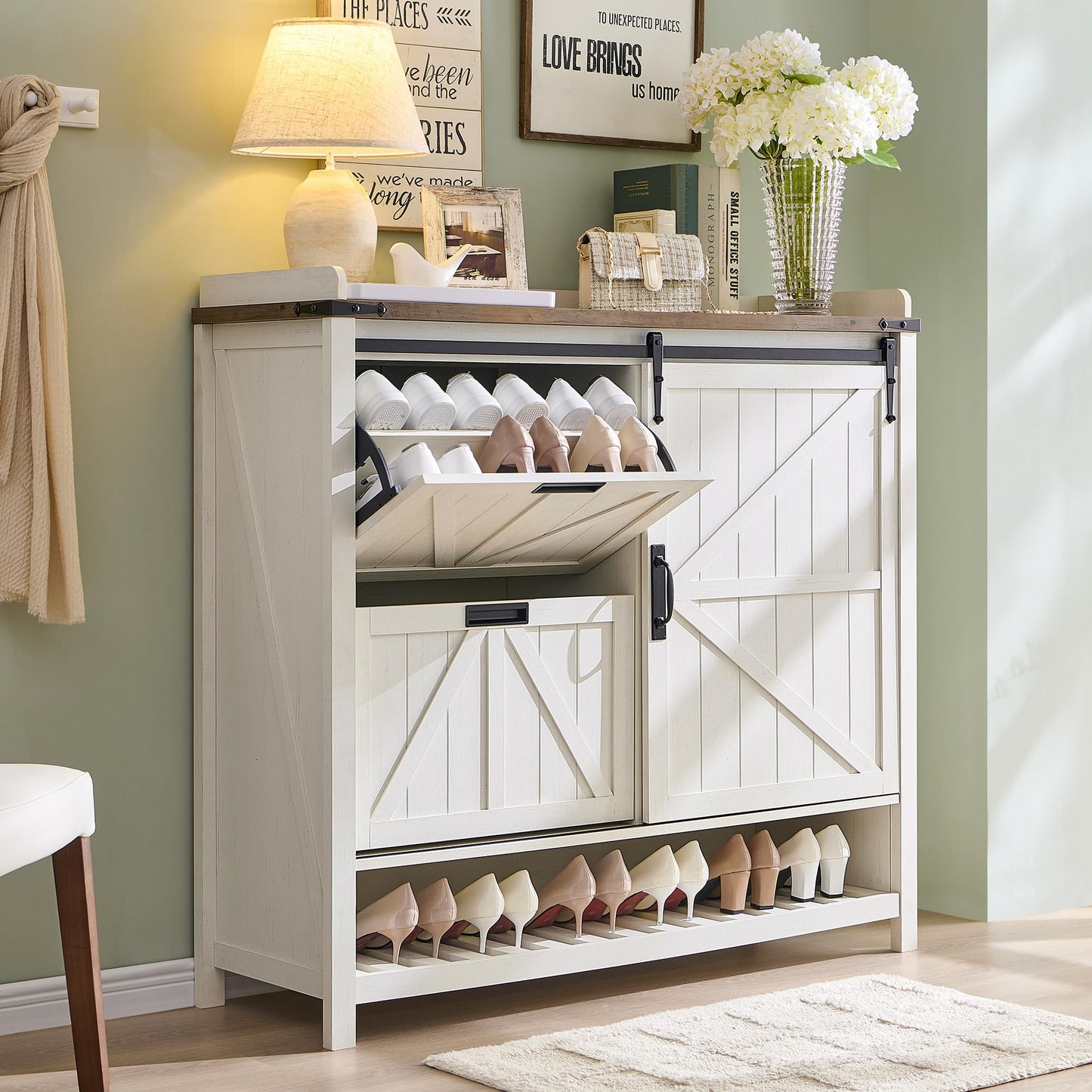 Shoe Storage Cabinet with 2 Flip Drawers & Sliding Door