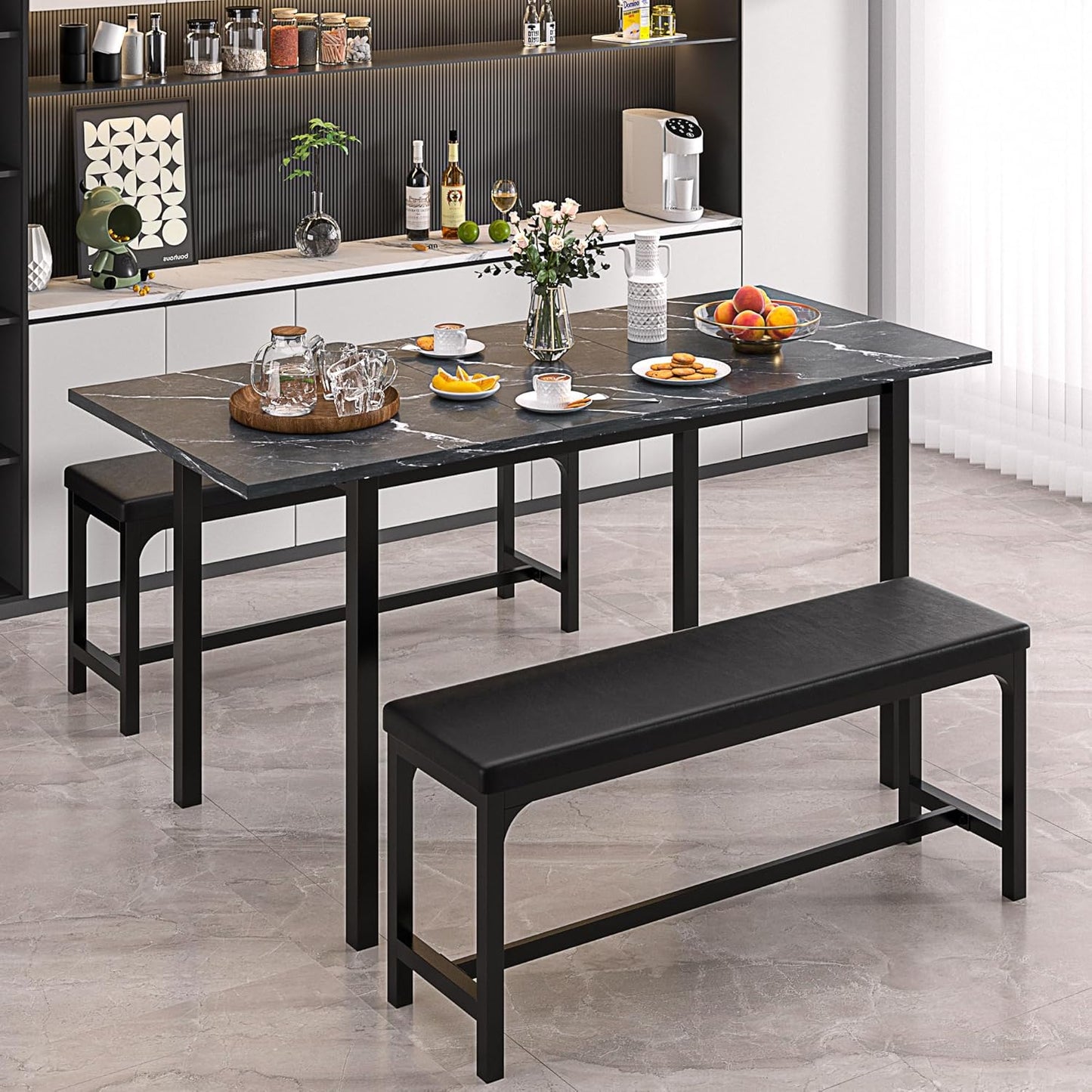 63" Extendable Kitchen Table with Benches/Chairs