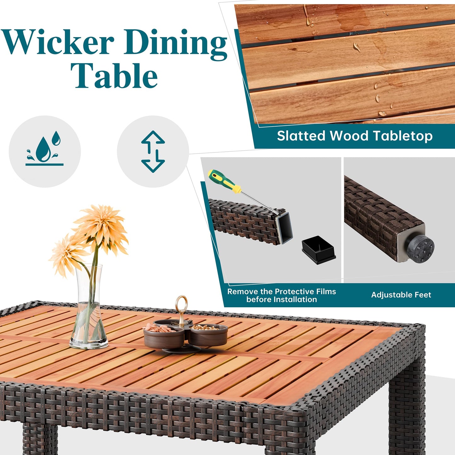 Wicker dining table with slatted wood tabletop, showing installation steps and product details.