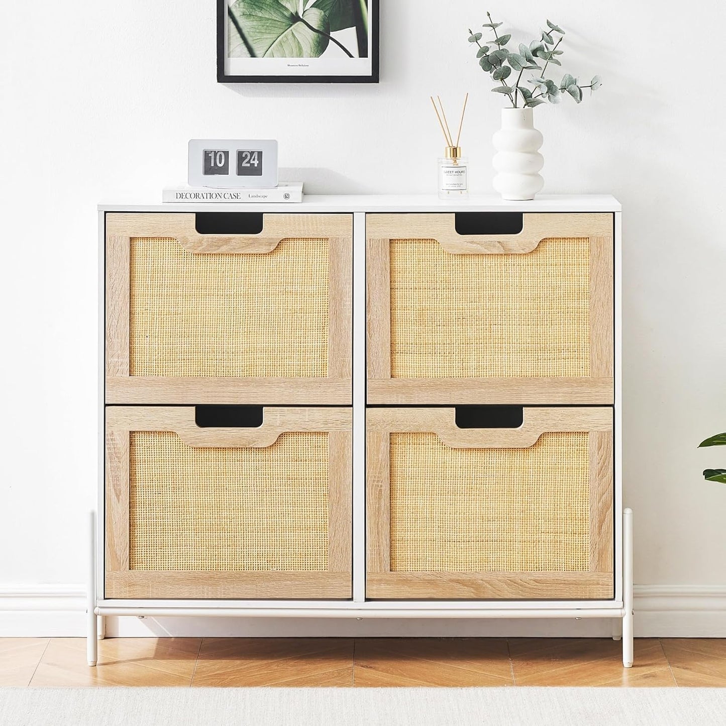 Rattan Shoe Storage Cabinet with 4 Flip Drawers