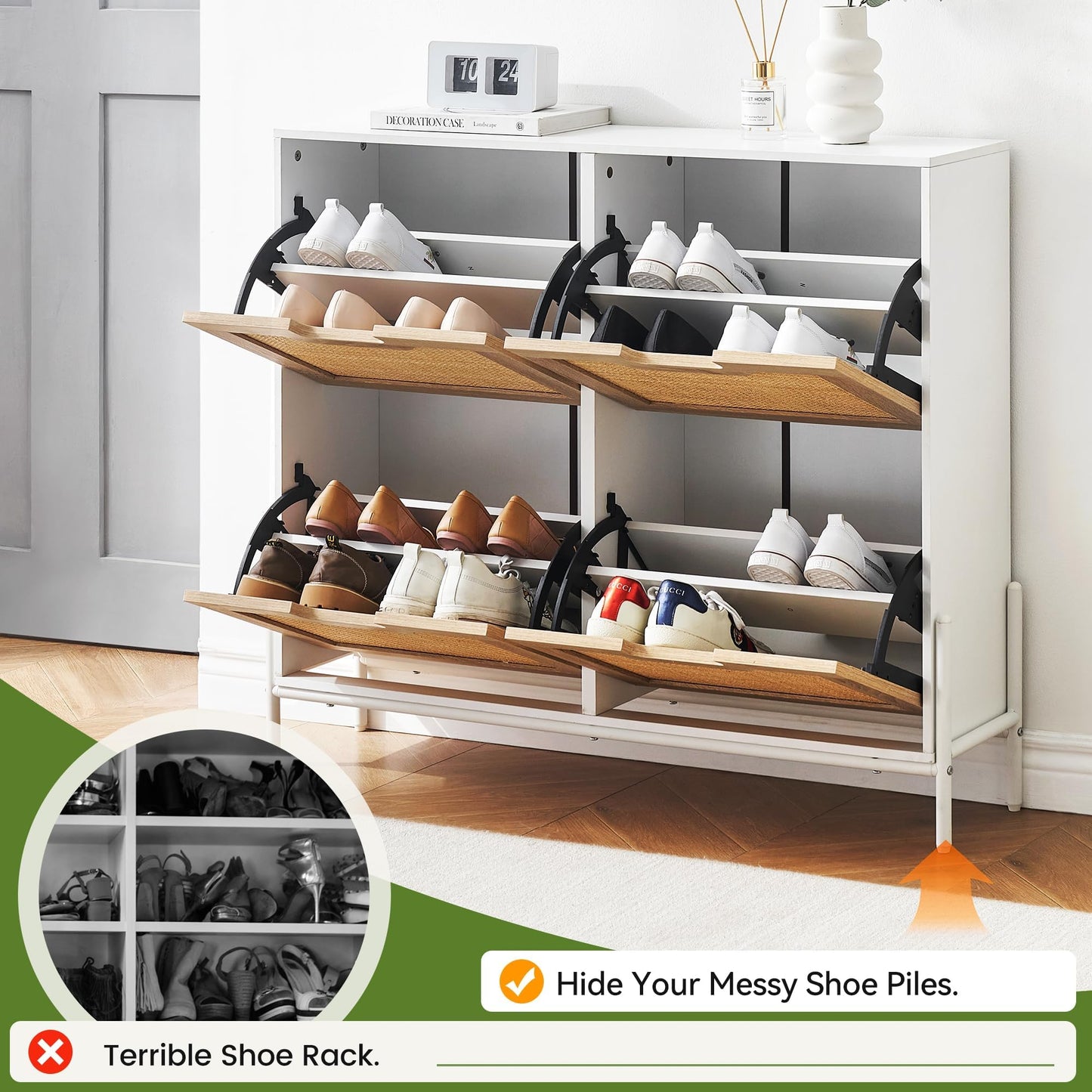 Rattan Shoe Storage Cabinet with 4 Flip Drawers
