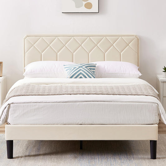 Premium Velvet Upholstered Platform with Height Adjustable Headboard