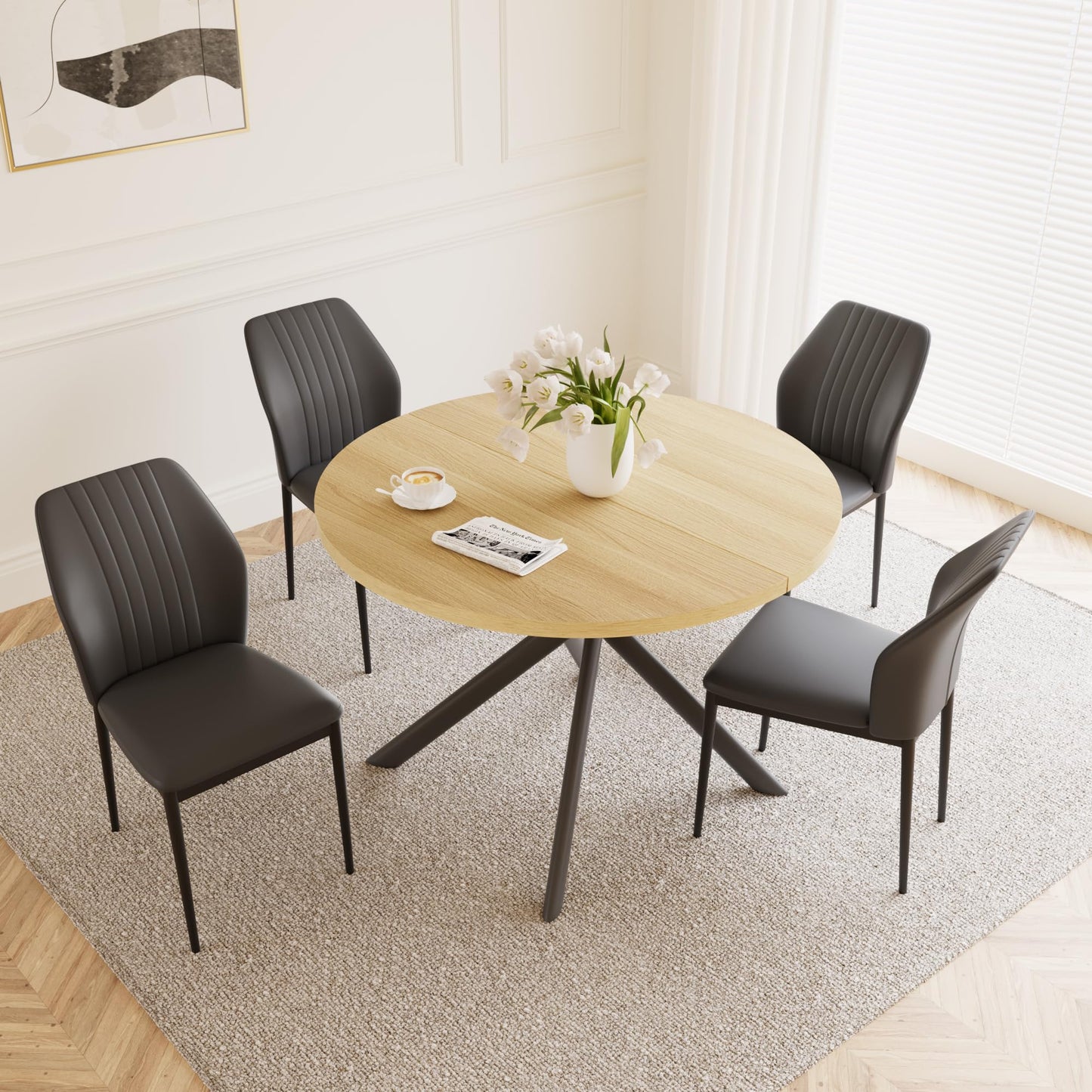 Cream Table+4 Black Chairs Dining Table